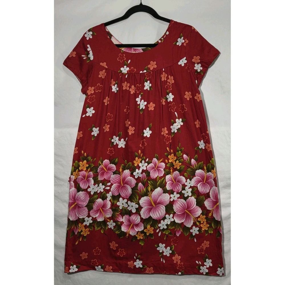 Ui-Maikai Hawaiian 1960s Muumuu House Dress SM/MED Red Hibiscus Tiki Aloha‎ Luau